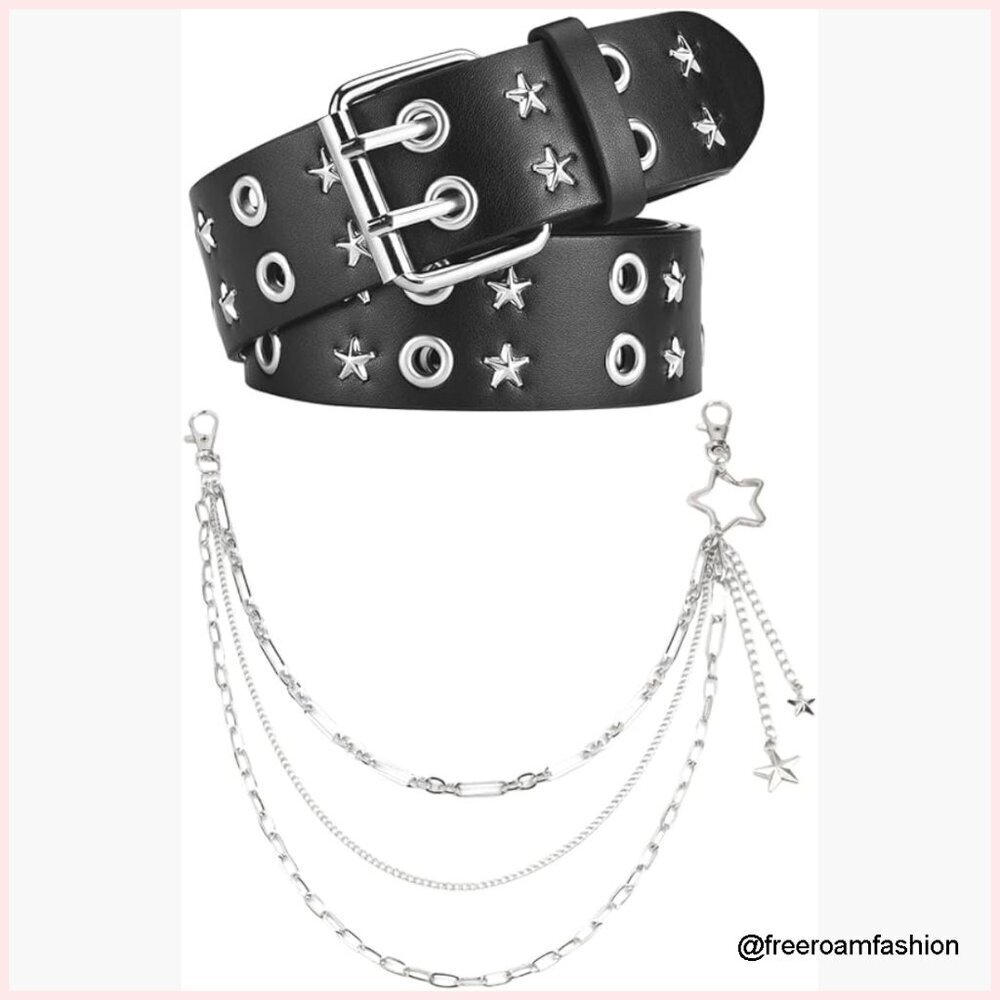 Double Grommet Studded Star Belt with Pants Chain, Adjustable Punk Rock Grunge